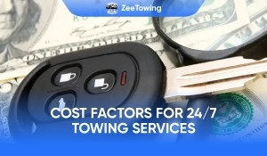 Car key remote and dollar bills illustrating pricing factors for 24/7 towing services